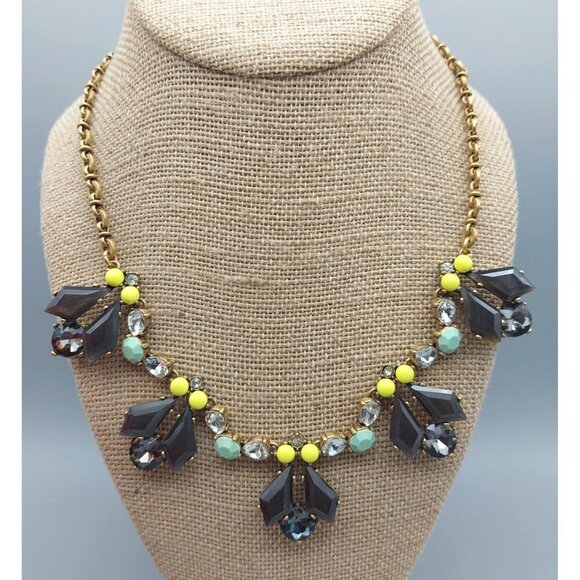 J.Crew Gold Tone Chain Gray Crystal Blue Bead Collar Length Statement Necklace - Picture 3 of 9
